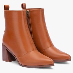 Tan Leather Ankle Booties with Pointed Toe and Stacked Heel